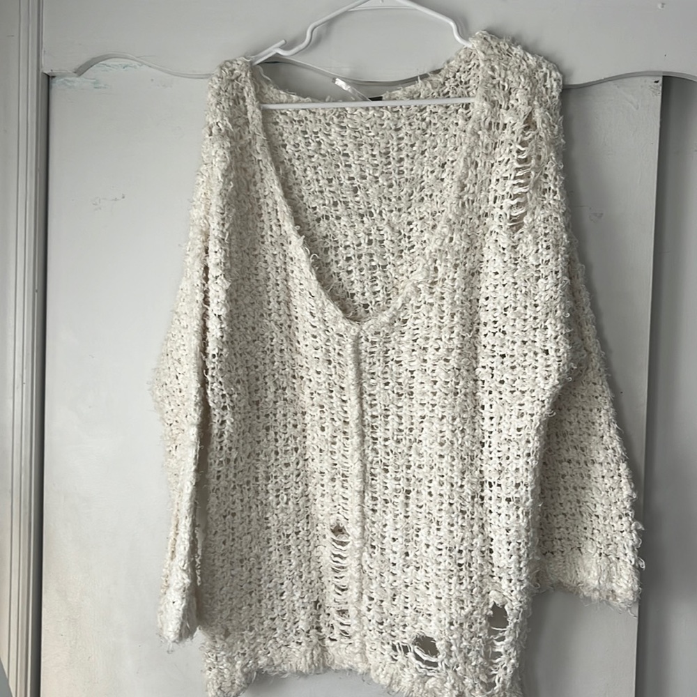 Free People white distressed oversized sweater